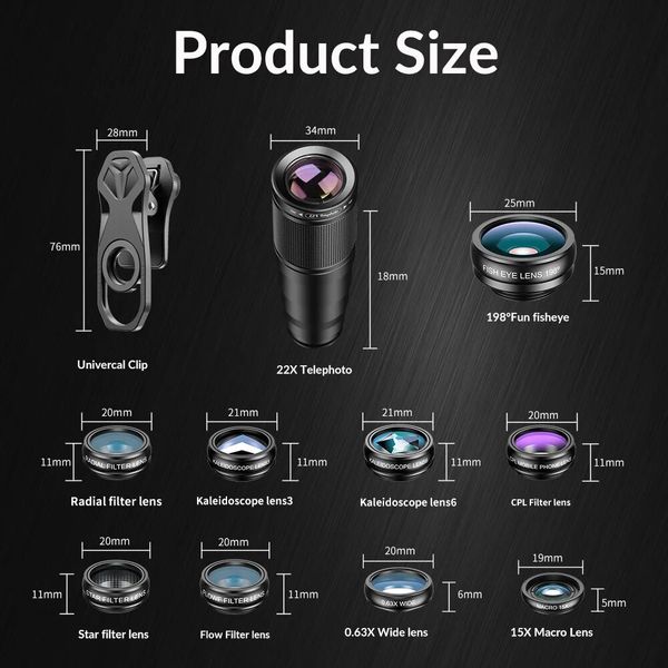 in APEXEL 10 1 Mobile Phone Lens Kit 22X Telephoto Fisheye Lens Wide Angle Macro Lens+CPL Star Flow Filters for All Smartphones +CPL