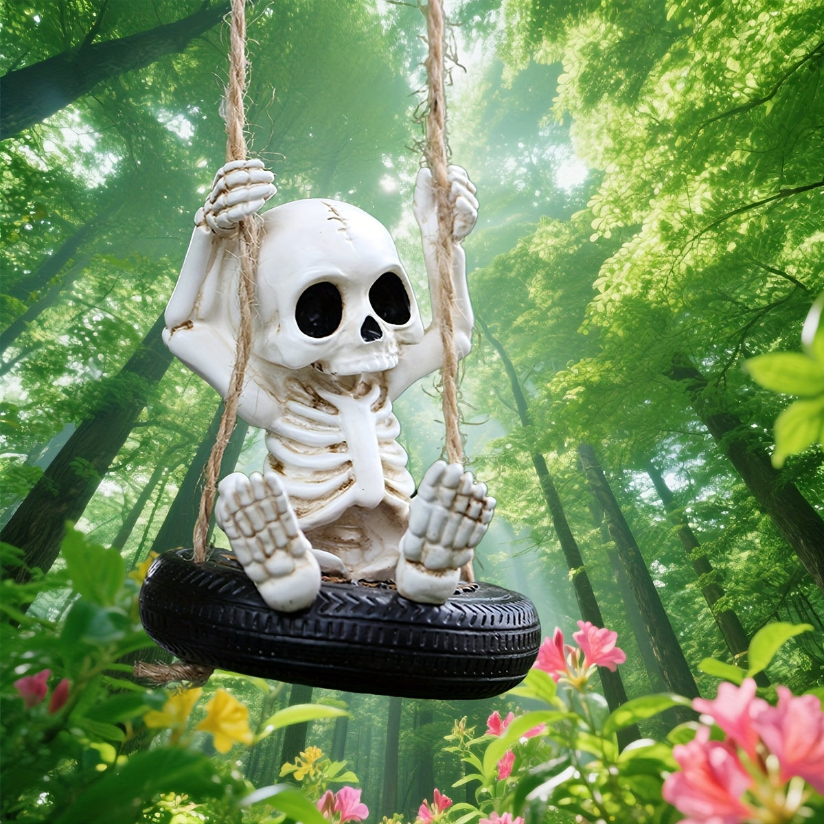 TEMU 1pc Halloween Skeleton Swing Helmet Decor - Resin Gothic With Rotating Tires, No Electricity Needed, Multi-room Home & Garden Decoration For