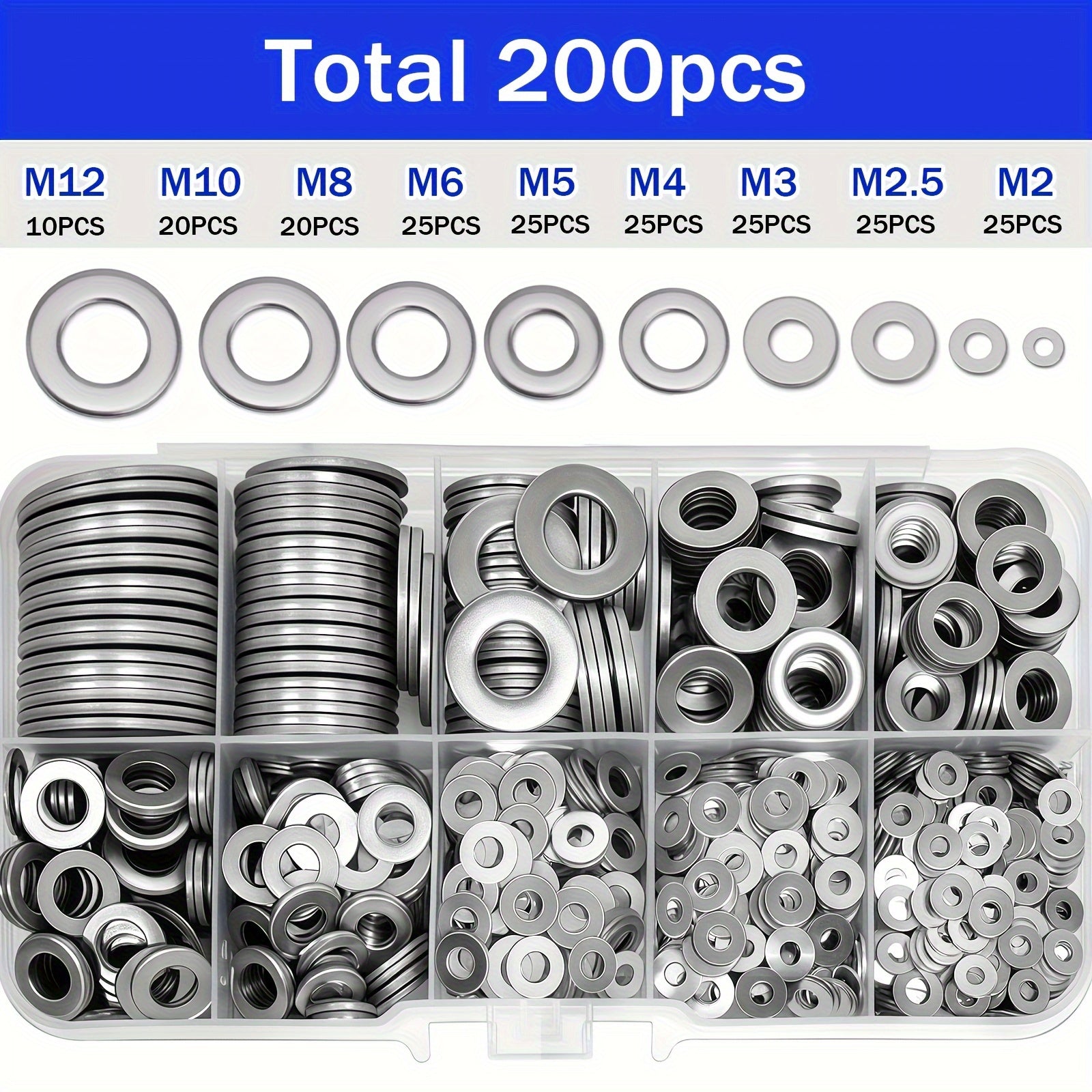 TEMU 200pcs 304 Stainless Steel Washers Set, Durable Material, Polished Surface, O-ring Fastener Spacer Set With Box, Includes 9 Sizes (m2-m12),