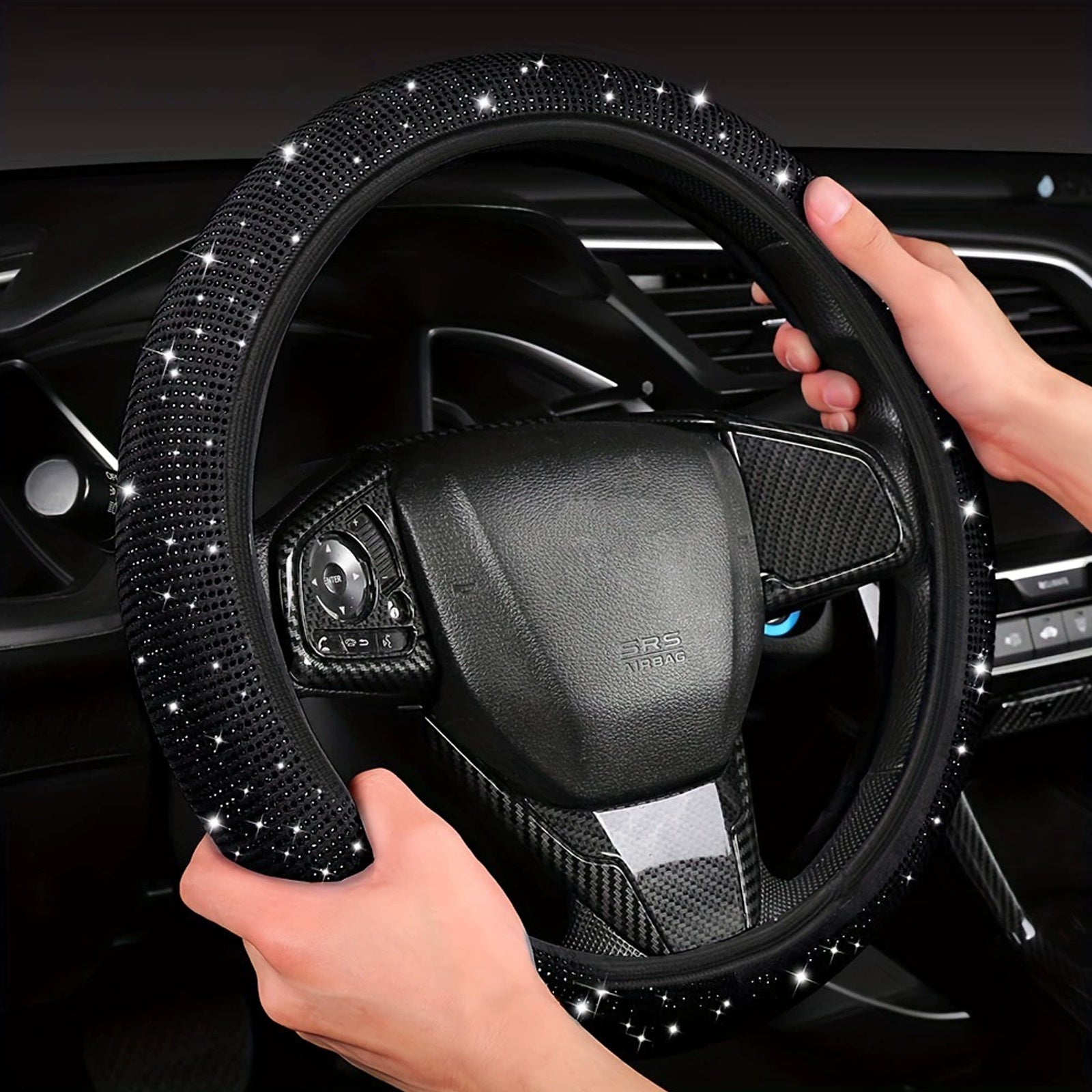 TEMU Sparkling Diamond Leather Steering Wheel Cover With Sparkling Rhinestones, Suitable For 14 "1-2-15" Car Wheel Protectors, Suitable For Women And