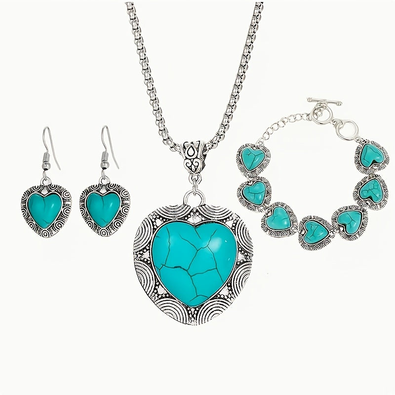 TEMU 4pcs Bohemian Ethnic Retro Style Heart-shaped Turquoise Necklace, Bracelet, Earrings Jewelry Set For Women