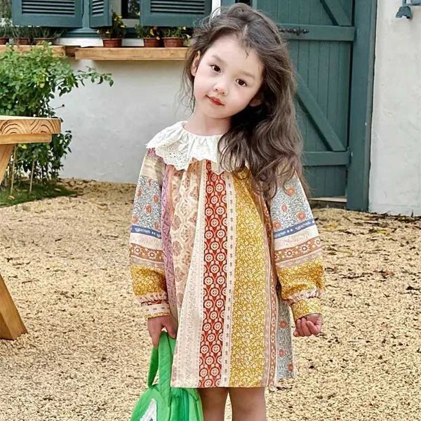 Summer Baby and Girls Cotton Ethnic Style Contrast Printed Long Sleeves Vacation Dresses Kids Sweet Skirt Children Outfits 2-8Yr M250114