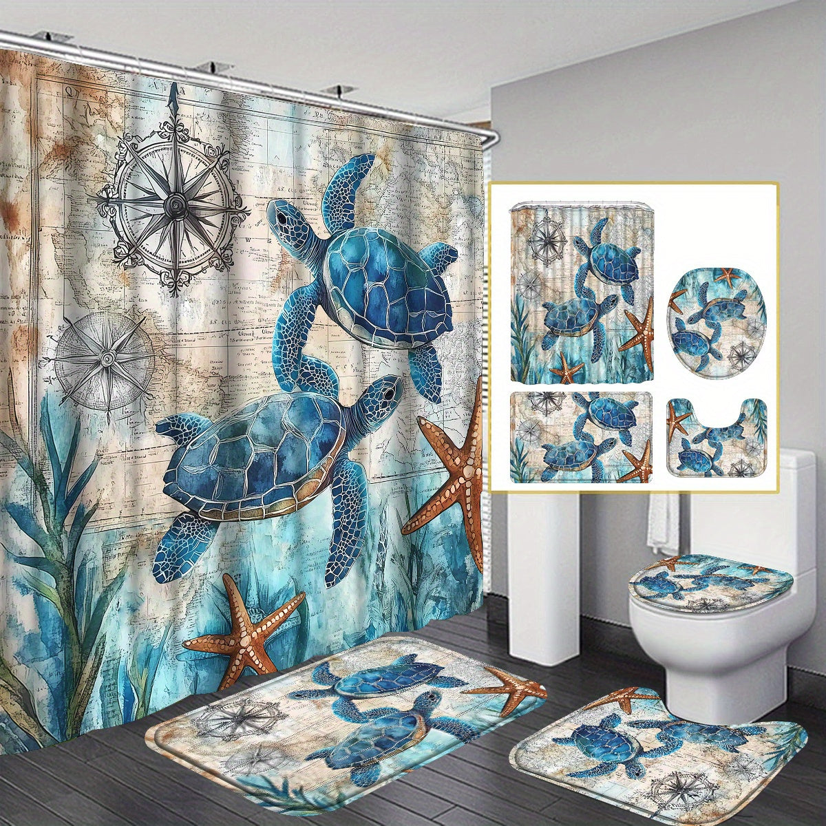 TEMU 4pcs-1pcs Sea Turtle Shower Curtain Set, Starfish Seaweed Coral Bathroom Sets With Shower Curtain And Rugs And Accessories, Landscape Shower