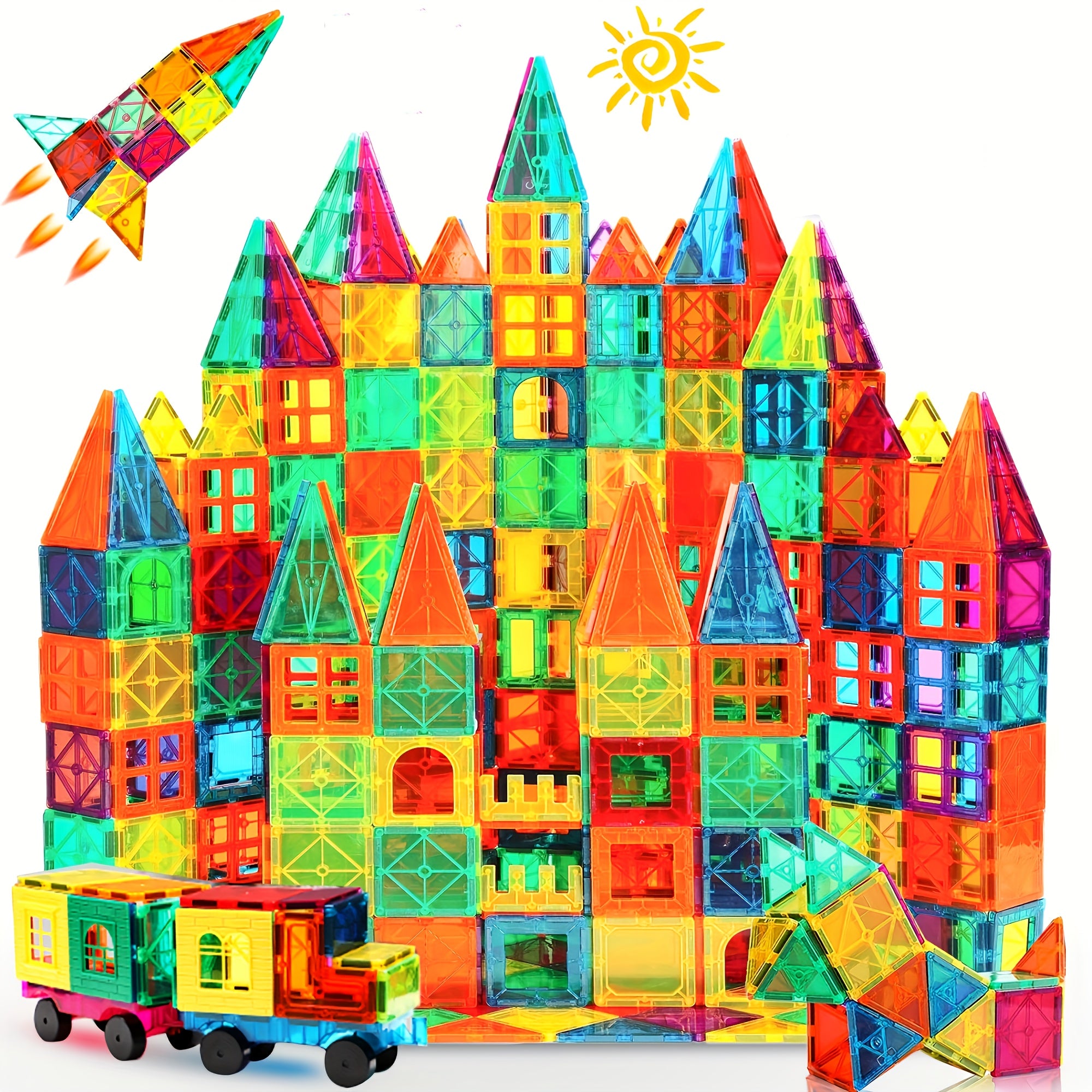 TEMU 106-136pcs Magnetic Tiles With 2 Cars, Large For Children Stem Construction Set Imagination Educational Toys Birthday Gift For 3 4 Year Old Boys