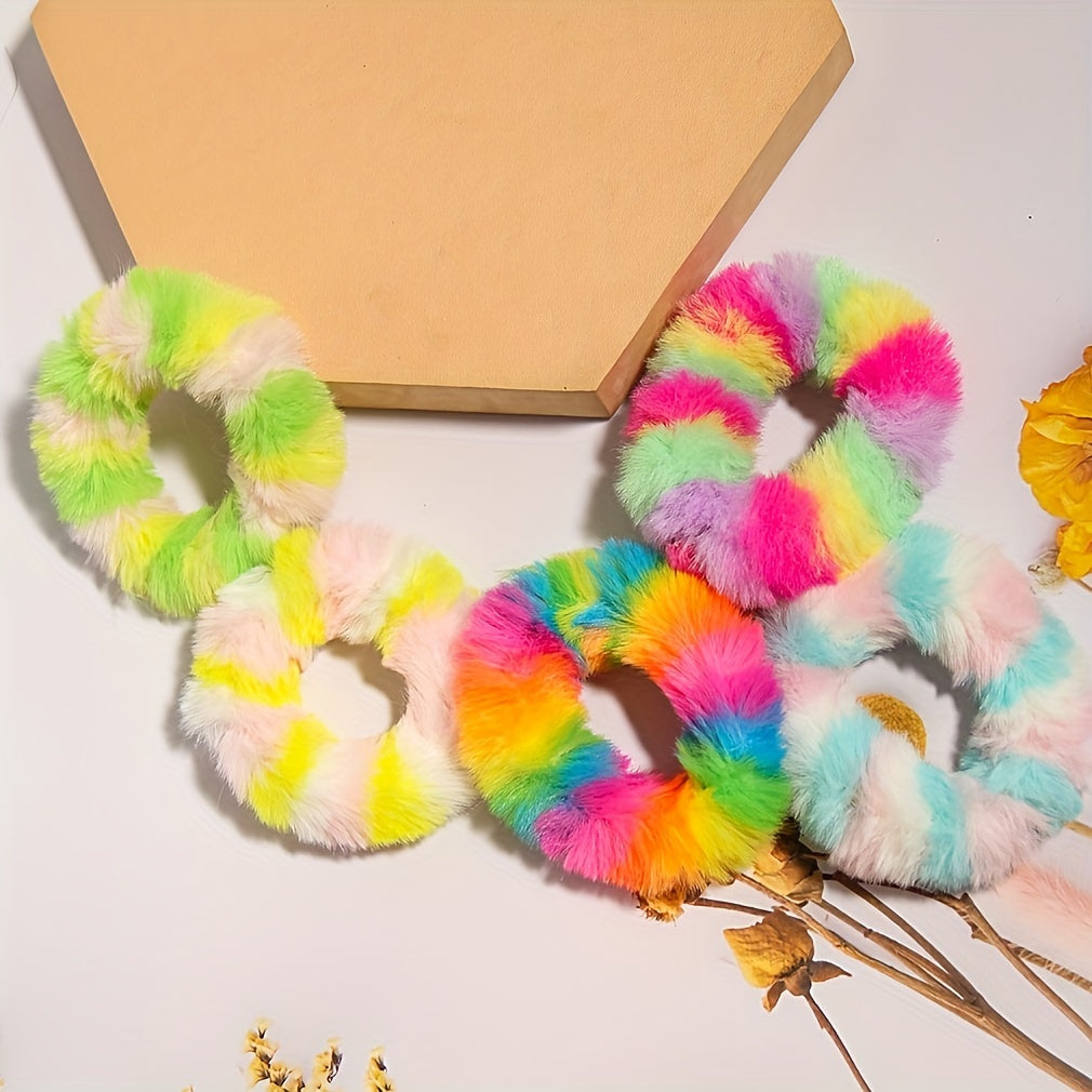TEMU 5pcs Rainbow Stripe Fuzzy Furry Artificial Tie Scrunchies Hairponytail Holders Women Accessories