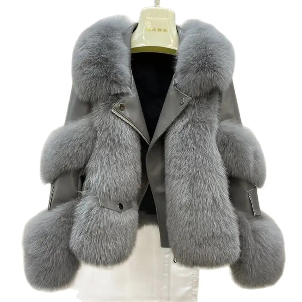 Women Winter Outerwear Tops Warm Short Fox Fur Coat Leather Full Fox Fur Motorcycle Jacket 250906