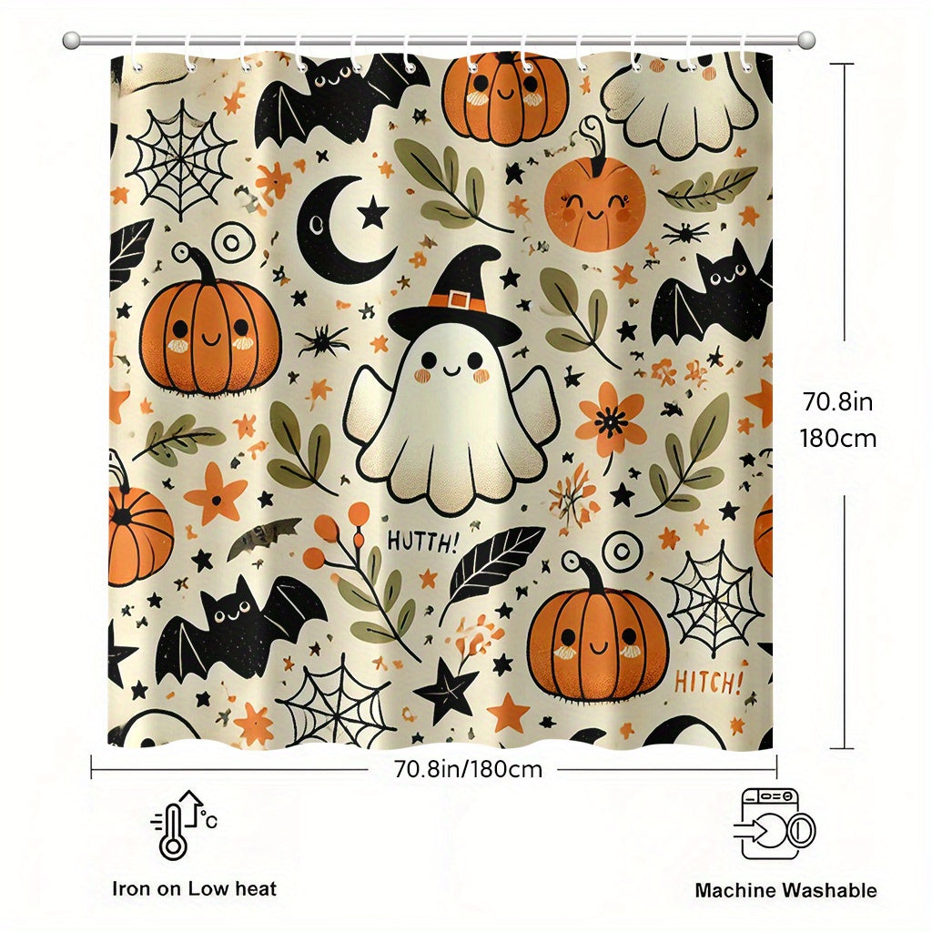 TEMU A Cute Halloween-themed Shower Curtain Featuring Pumpkin Monsters, Measuring 70x70 Inches, Includes 12 Hooks, Made Of Polyester Fabric, Easy To