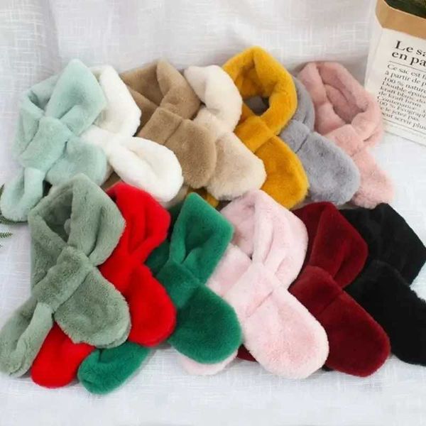 Scarves Wraps Children Boys Girls Winter Warm Thicken Cross Collar Scarf Solid Color Faux Rabbit Fur Plush Cute Shawl Scarfs H241213NGW4