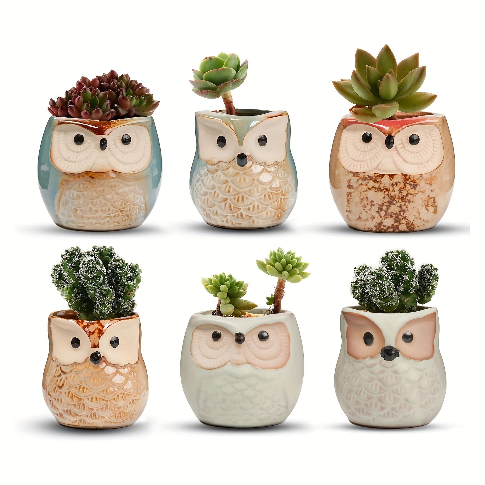 TEMU 6pcs 2.5 Inch Owl Ceramic Succulent Planter Pots With Drainage Hole Set Of 6, Small Cute Flower Pots Plant Holder Container Office Garden