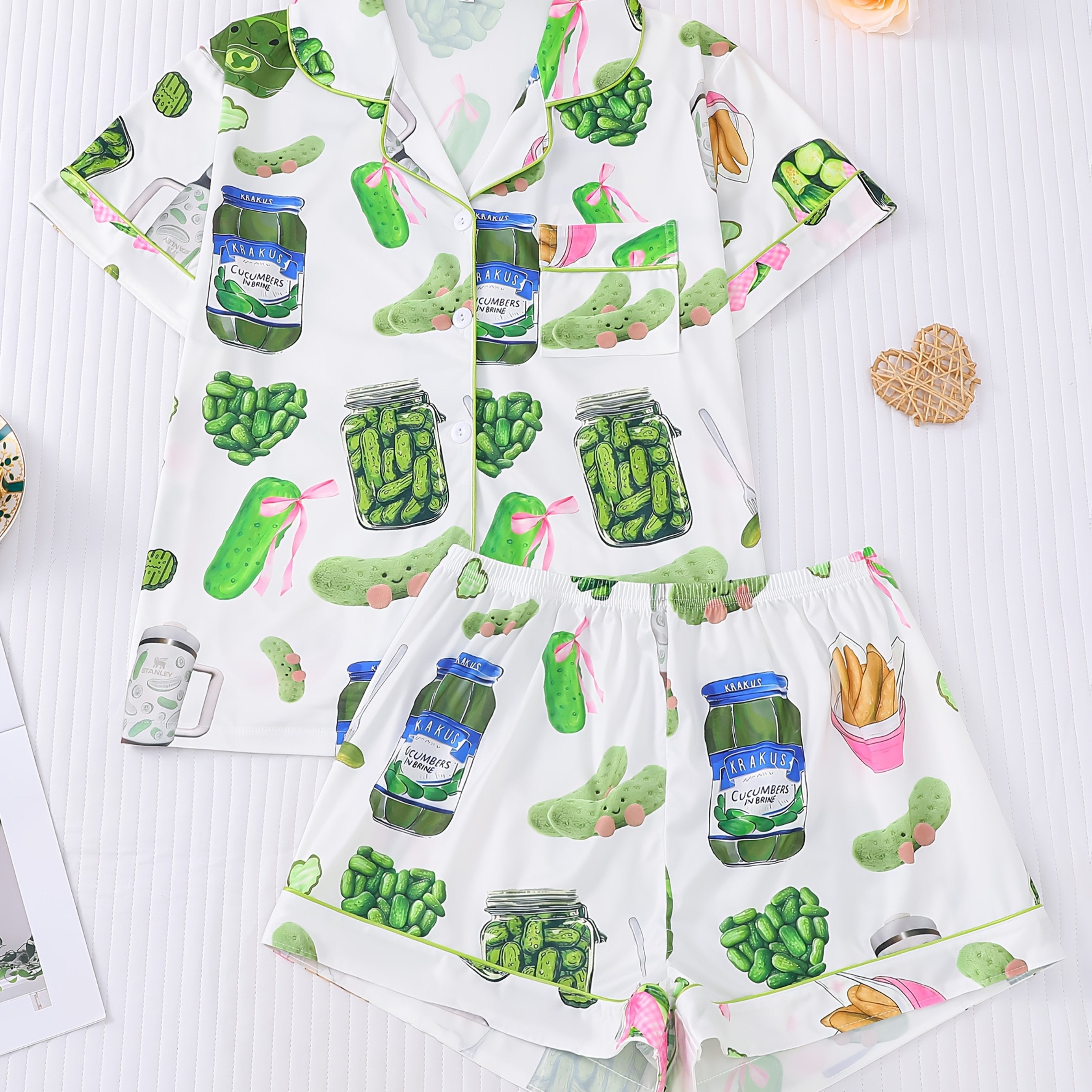 TEMU 2 Piece Women's Sleepwear Set, Fashionable Full Body Print, Knitted Fabric, Short Sleeved Button Top, Matching Shorts, Sleepwear Set, Collar And