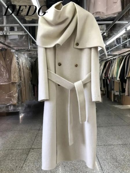 DFDG Cashmere Wool Coat Fashion Scarf Collar Long DoubleLayer Corset 2024 Autumnwinter Womens Clothing 241213