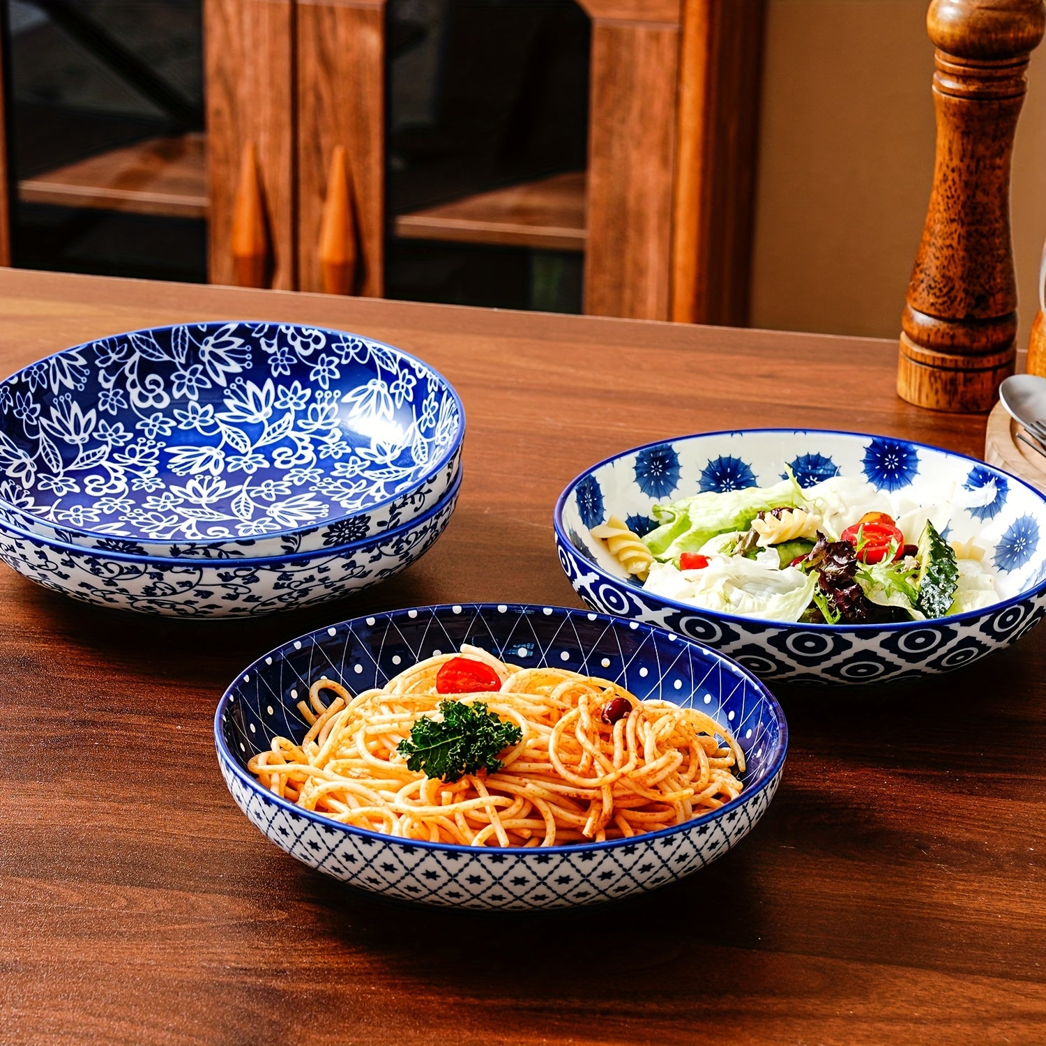 TEMU 4pcs, Ceramic Pasta Bowls Set, 32 Oz Porcelain Serving Soup Cereal Bowls 8.5 Inch Wide And Shallow Salad Dinner Bowls, Microwave Dishwasher Oven