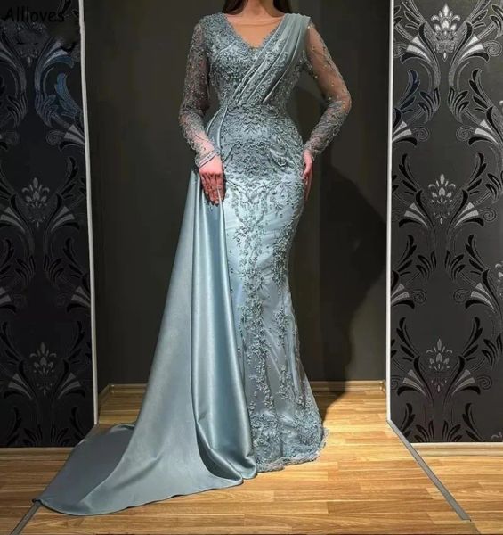Arabic Dubai Turkish Long Sleeves Women Evening Dresses Mermaid V Neck Overskirts Ruched Satin Formal Ocn Party Gowns Embroidery Lace Beaded