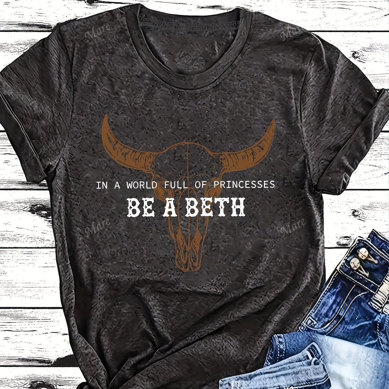 TEMU Women's Western Cowboy Print T-shirt - "be A Beth" Design With & Cactus, Casual Short Sleeve Tee For Spring-summer, Outdoor Parties, Home &