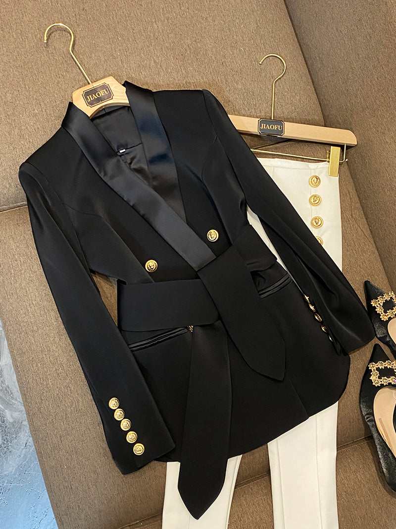 New Arrival European Style Quality Women Coat Shawl Collar Double-breasted Office Lady Solid Blazer With Belt