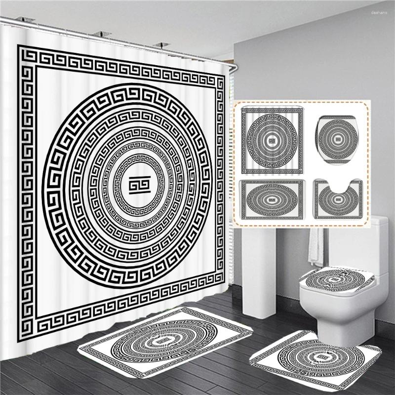 Shower Curtains Ethnic Greek Style Waterpoof Bathroom Curtain Traditional Meander Border Bath Set Mats Rug Decor