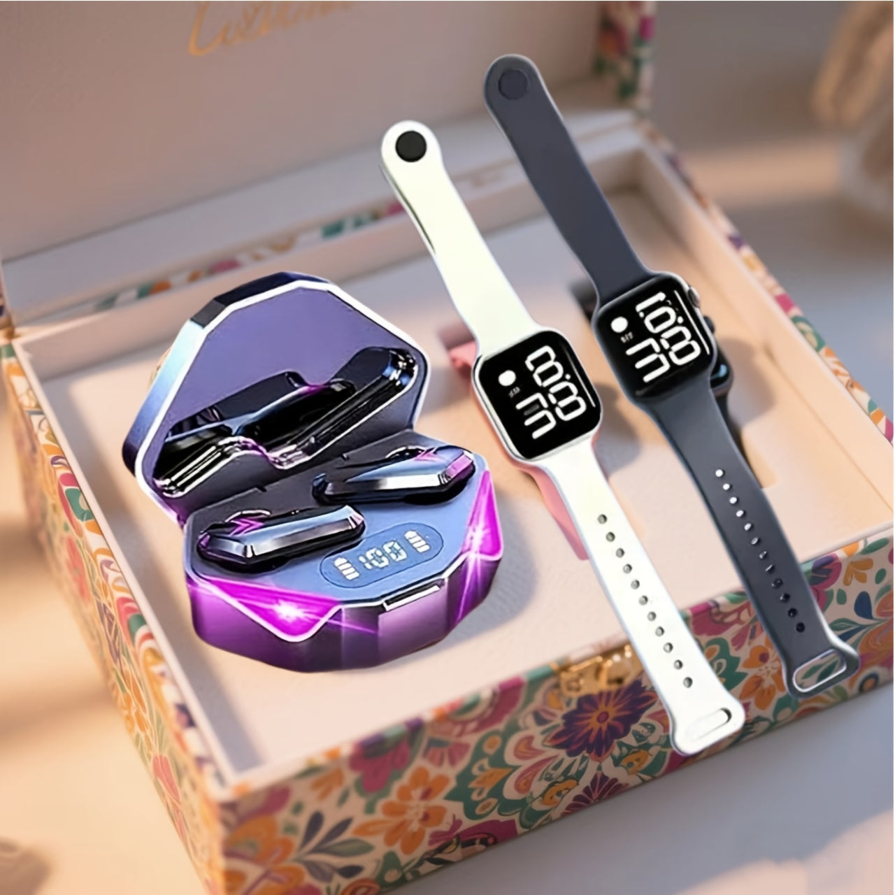 TEMU 2026 Best Gift Set [1 Wireless Earphone +2 Watches], New Colorful Sports, Gaming And Music Earphones, Tws Earphones With Charging Case, Led