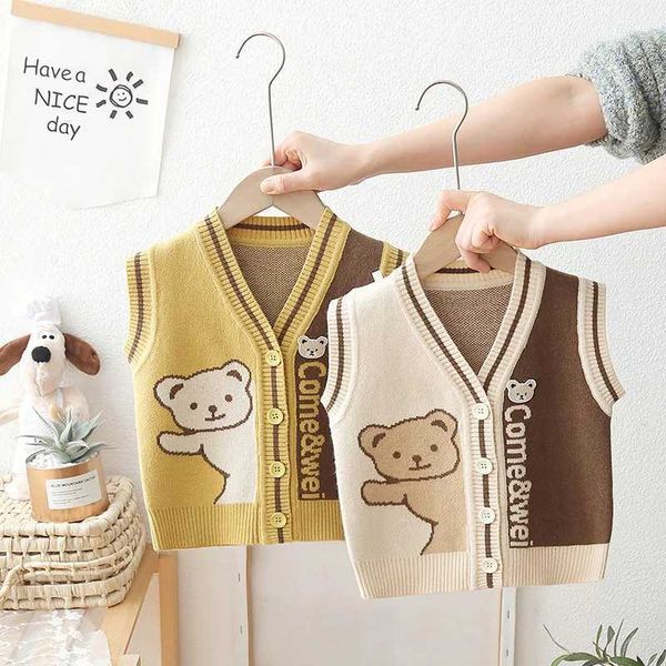 Baby Girls Open Front Knit Sweater VestSleeveless CardiganCute BearFashionable CasualTrendyInfant TopNew2024 W241022