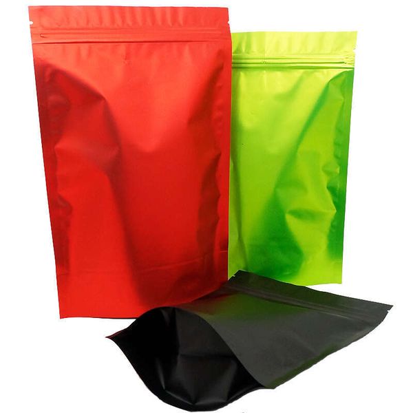 100Pcs Colors Standing Up Aluminum Foil Zip Lock Bags Matt Finish - Zipper Reusable Grocery Packaging Pouches In Black-Red-Green