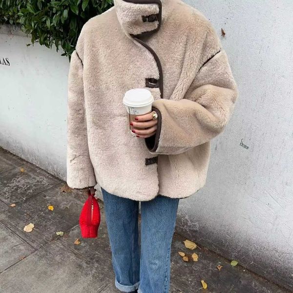 Taop Za new winter womens clothing contrasting color trim fleece loose jacket stand collar soft and comfortable fur jacketX241016