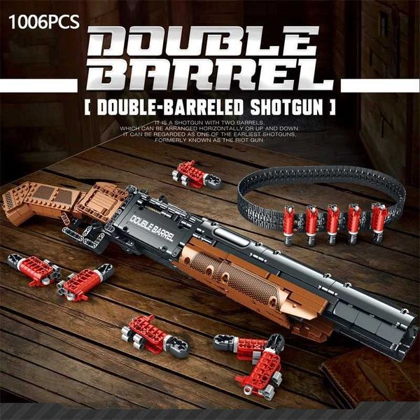 1006PCS Double Barrel Shotgun Weapon Model Building Blocks Military Classic Gun With Bullet Belt Bricks Toy Kids Adult For GiftsC250103