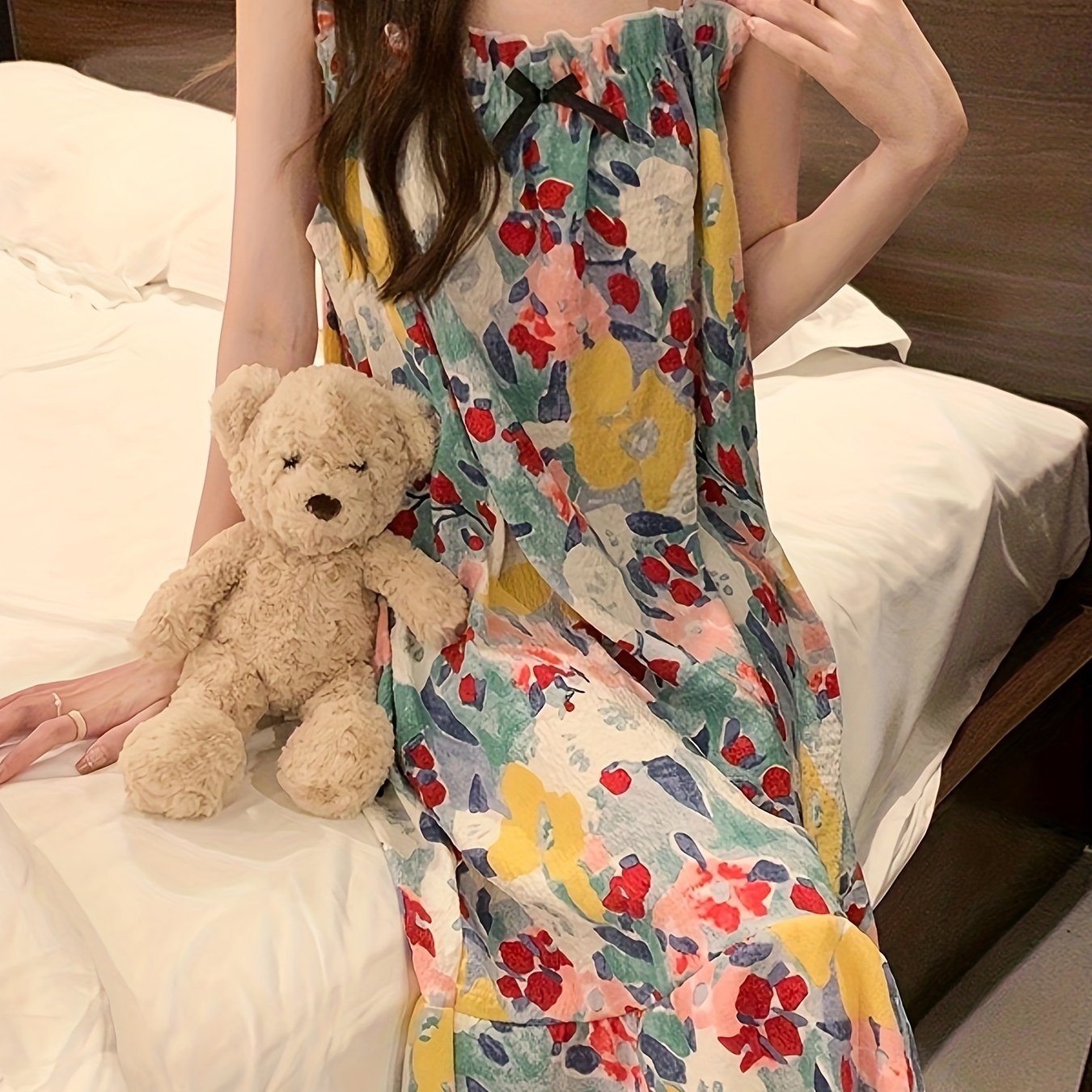 TEMU Women's Oil Painting Print Sweet Ruffle Trim Sleepwear Dress, Square Neck Loose Fit Midi Slip Dress, Comfortable Nightgown