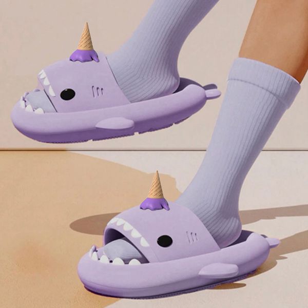 Cute Ice cream Shark Slippers colorful Women Men Summer Shoes Thick Sole Anti-slip Indoor Bathroom Slides Couples Beach Street Sandals