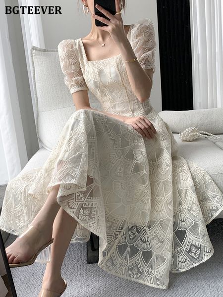 Party Dresses BGTEEVER Vintage Square Collar Lace Dress Women Short Sleeve Slim Waist Embroidery Female A-line Dress Summer Vestidos 230322