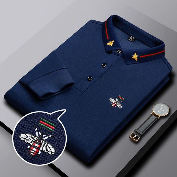 Designer High-end Long Sleeve Fashion Polo Shirts Men Casual Solid Color Business Brand Men&#039;s Clothing Cotton Bee Embroidery 2024