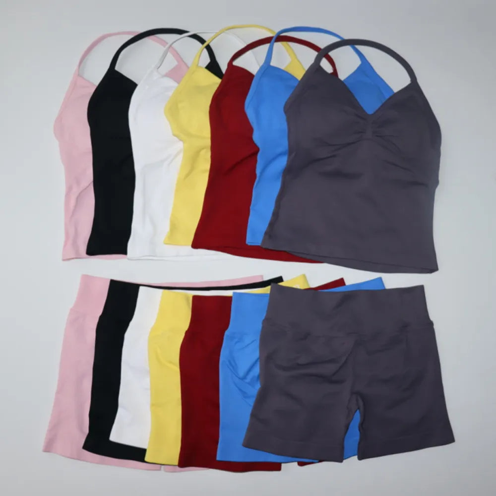 2Pcs Gym Set Women Sports Backless Tank Tops Vest High Waist Scrunch Seamless Shorts Gym Suit Fitness Clothes Activewear Workout Sets Yoga Tracksuit
