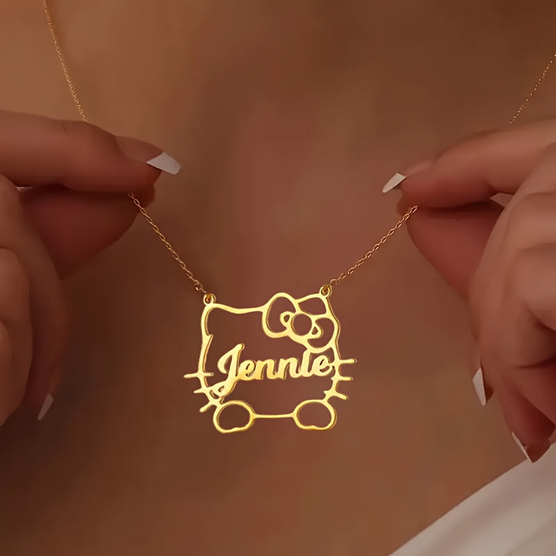 TEMU Custom Hello Kitty Necklace, Personalized Women's Cute Stainless Steel Pendant Jewelry With Name Charm - Elegant Minimalist Birthday Party Gift,