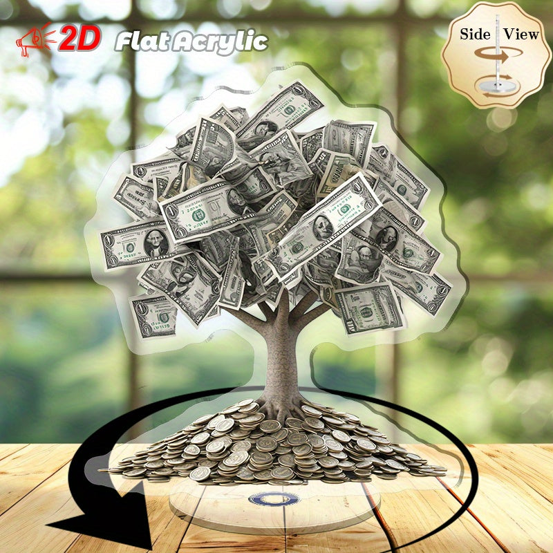 TEMU 2d Flat, 1pc Rotating Acrylic Desktop Decor With Dollar Leaves & Coin - 2d Flat Design For Symbol, Office Home Relaxation Spaces, No Electricity