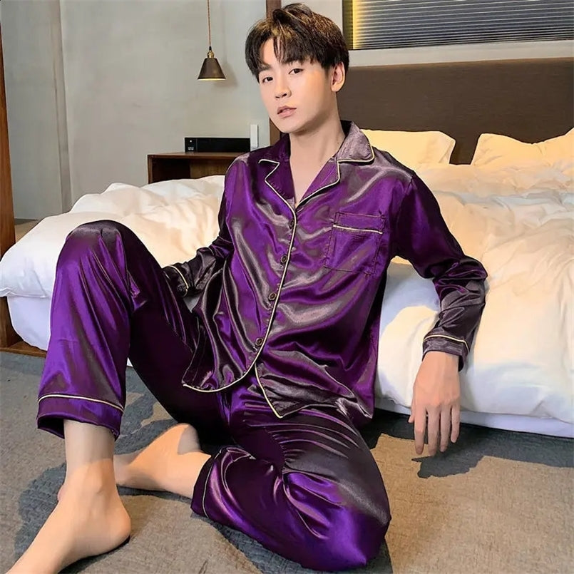 Men Pajama Sets Casual Satin Sleepwear For Man Long Sleeve Pyjama Male Fashion Soft Silk Home Wear Big size Loungewear 240929