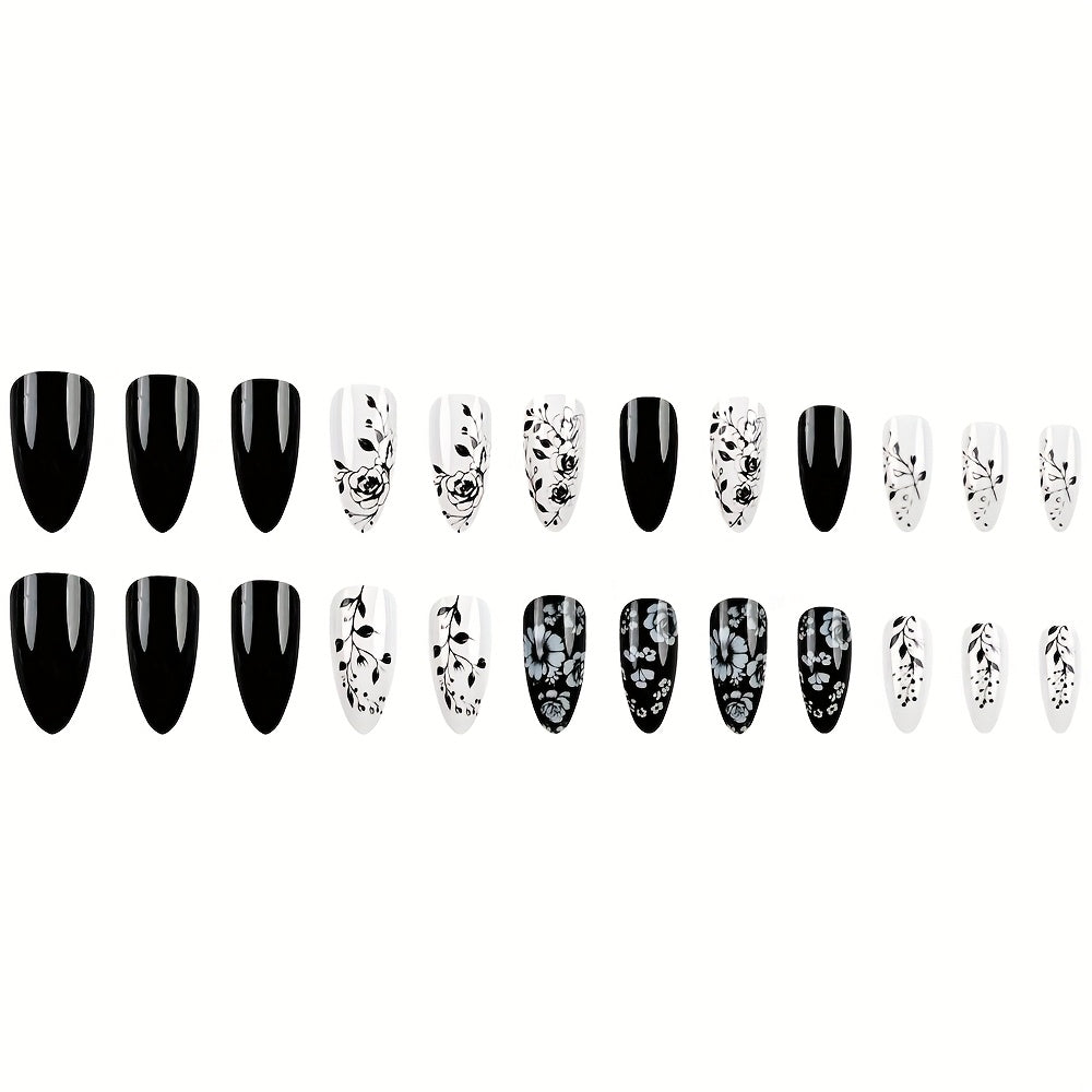 TEMU 24pcs Glossy Long Almond Press On Nails - Reusable Fake Nails With White & Black , Durable Glossy Finish For Women & S, Beauty Accessories