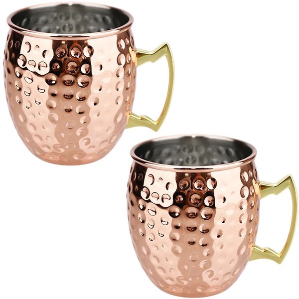 2Pcs Cocktail Wine Cup Moscow Mule Mug Stainless Steel Hammered 500ml Copper Plated Beer Cup Bar Drinkware 241212