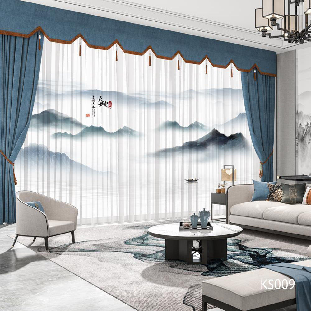 YL-36678 Modern New Chinese Style Ink Painting Landscape Living Room Study High-end Bedroom Famous Hotel Curtain Zen Gauze Curtain