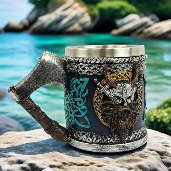Viking Stainless Steel Single Handle Horn Skull Beer Stein Cup Nordic Viking Warrior Skull Mug Tankard Halloween Bar DrinkwareM240803