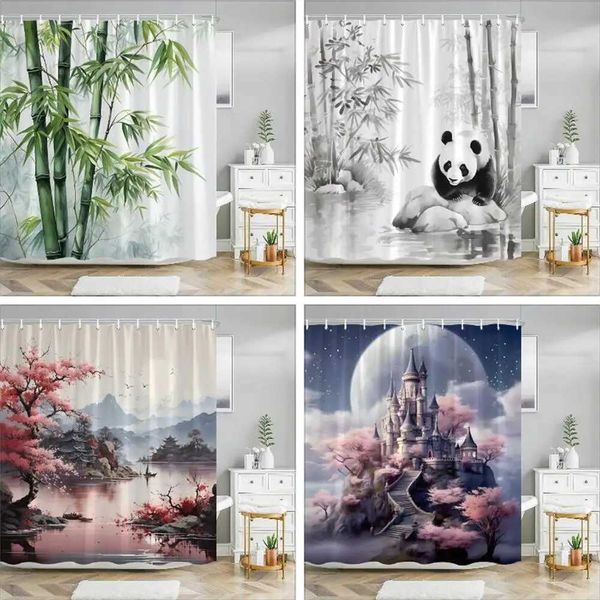 Chinese Landscape Shower Curtain Ink Painting Bamboo Landscape Cherry Blossom Writing Landscape Shower Curtains Bathroom Decor M240824