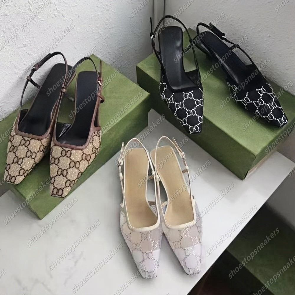 Designer Sandals Dress Shoes Slingback heels Luxury Mid Heel Slippers Rhinestone Square Toe Crystal Sparkling Print Pumps Party Wedding Leather Heel