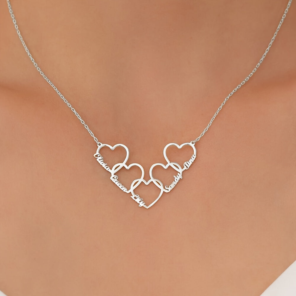 TEMU Custom Family Name Necklace, Personalized Multiple Heart Pendant, Stainless Steel Love Jewelry For Ladies, Elegant And Cute, No Plating, Ideal