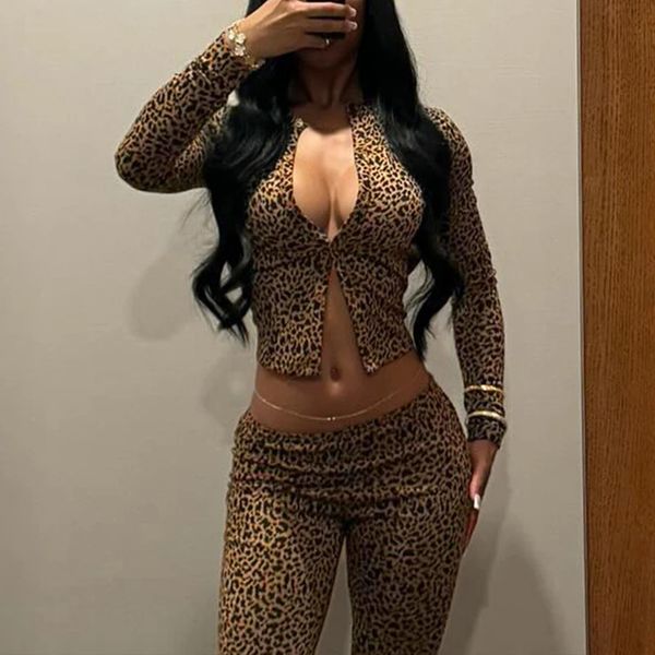 OMSJ 2025 Autumn Leopard Printing Long Sleeve Cardigan TopSkinny Legging Club Party Fashion Two Pieces Sets Trendy Tracksuits 250117