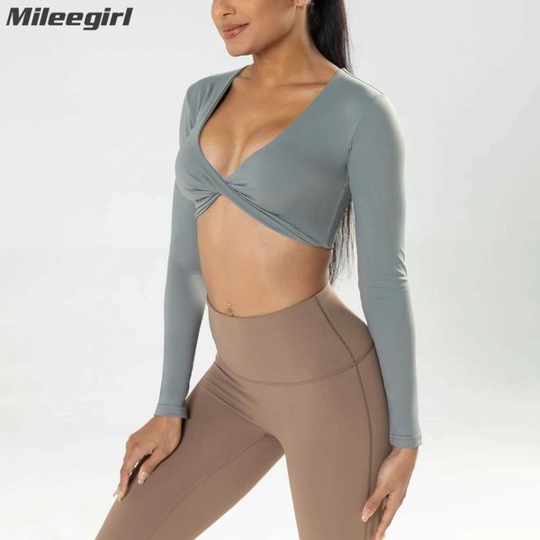 Yoga Outfit Mileegirl Full Sleeve Women Yoga Shirts Deep V Sports Crop Tops Twist Front Gym Fitness Vest Quick Drying Workout Running Top z2
