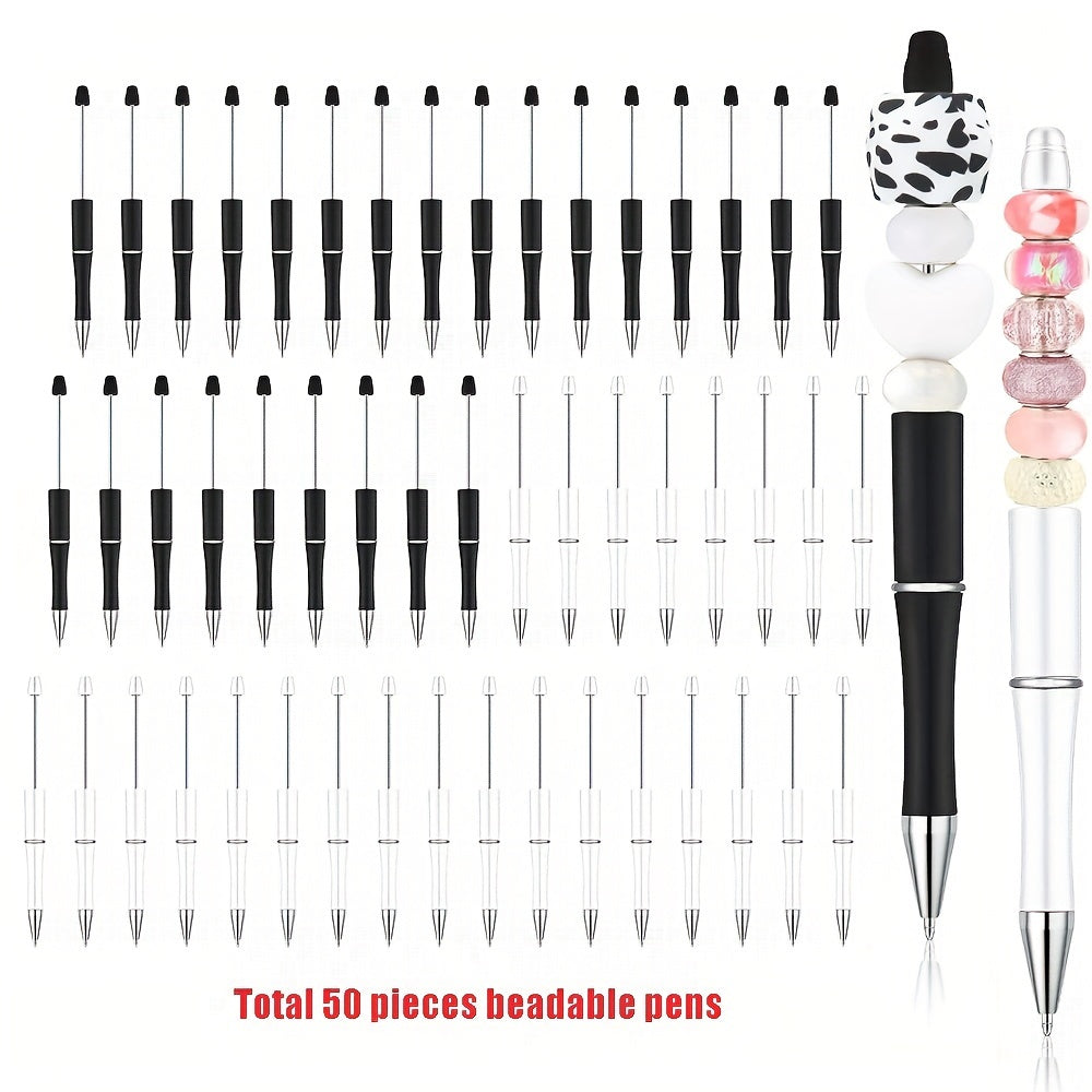 TEMU 50pcs Plastic Beadable Pen White Diy Pen Set Beaded Pens With Black Ink For Diy Making Back-to-school Gift Office School Suppliess