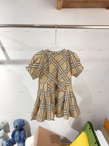 Popular lapel girls skirt summer Round neck Princess dress kids designer clothes Check printing Short sleeve baby partydress