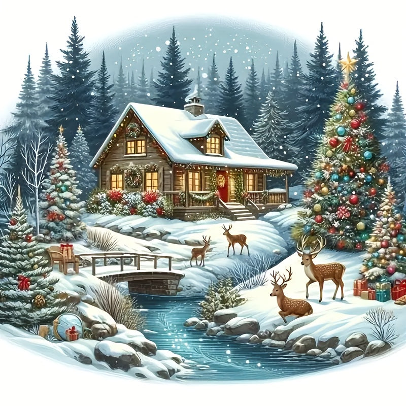 TEMU 7-inch Christmas Vinyl Decal - Winter Scene With Snow-covered House, Deer, And Christmas Tree - Self-adhesive Sticker For Car, Laptop, Phone,