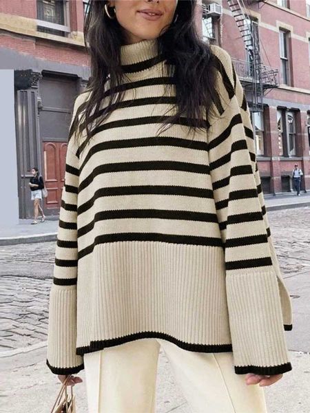 Women&#039;s Sweaters Black and white striped sweater loose top womens zipper womens skydiving long sleeves turtle neck knitted ribbed sweat