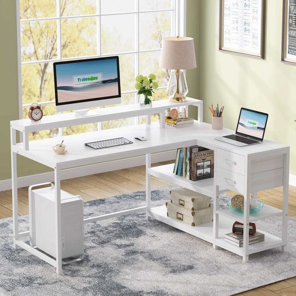 Other Furniture Tribesigns Reversible L Shaped Desk with Drawer Industrial Corner Desk Home Office Table with Shelves and Monitor Stand Q240