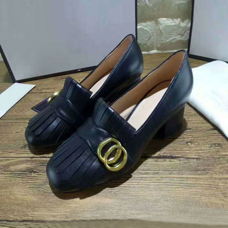 Designer fashion dress shoes office mid-heel metal decorative leather comfortable professional women&#039;s shoes beautiful large size work shoes