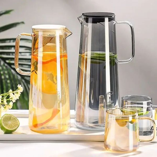 1.8L Glass Pot Pitcher with Lid Easy Clean Heat Resistant Glass Water Jug Refrigerator Carafe with Handle for -Cold Beverages 250207