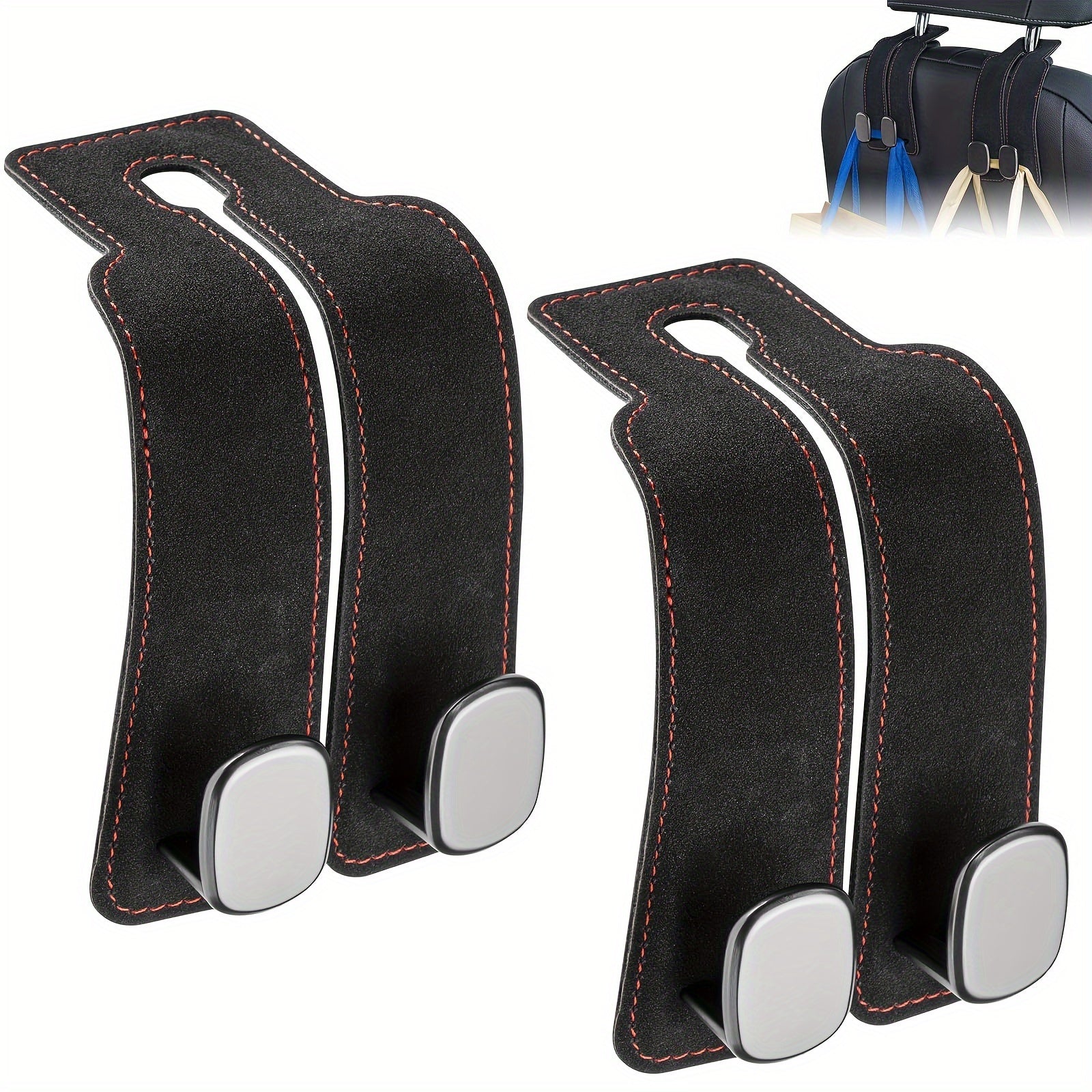 TEMU 2pcs Premium Synthetic Synthetic Leather Car Seat Back Hooks - Black With Red Stitching, Metal Clips For Headrest, Fit For Bags, Groceries &